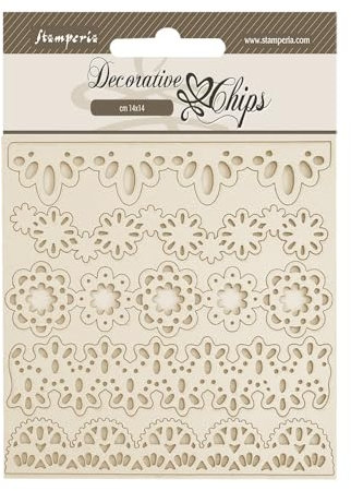 Stamperia - Decorative Chips for Scrapbooks, Albums, Cards, Bullet Journals and More, Laser Cut Cardboard Shapes, Easy to Glue, Perfect for Hobbies, Crafts, and Gifting (Old Lace, Lace Borders)