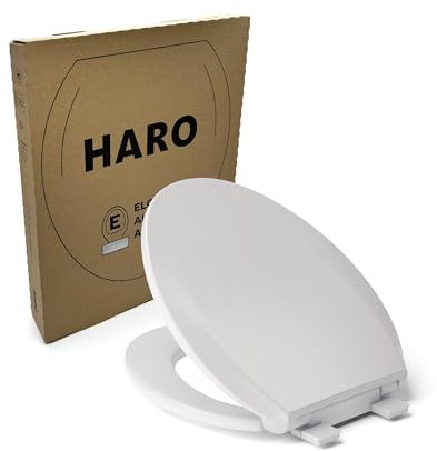 HARO Länglicher WC-Sitz, langsam schließender Sitz, belastbar bis zu 250 kg, Sicherheitsscharniere nach amerikanischem Standard, rutschfeste Stoßstangen, weiß, Advanced (PP), 47 x 36,8 x 5,9 cm