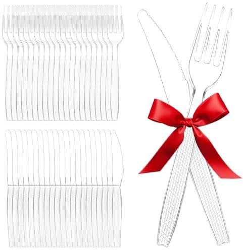 Parastar Reusable Plastic Cutlery Set 100 Pcs Clear Hard Plastic Forks and Knives BPA Free Ideal for Parties Events Daily Life