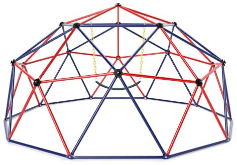 COSTWAY 10FT Dome Climber, Toddler Climbing Frame Monkey Bar Jungle Gym with Swing, Indoor Outdoor Play Equipment for Kids 3-12 Years Old (Blue+Red)