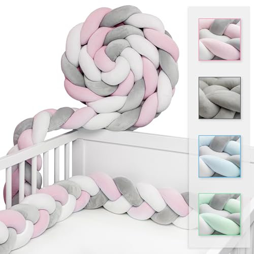 JAKOR® Yoki - Bettschlange in 2 oder 3 Meter - geprüfte ÖKO TEX Qualität - Bettschlange geflochten inkl. Wäschenetz - Babybettumrandung - Bettumrandung Babybett – 300x15x10cm (Rosa/Weiß/Grau)