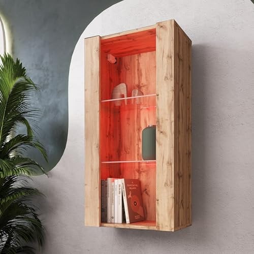 Komodee, Hängende Vitrine Schrank Tivoli, Wotan/Wotan, Breite 50cm x Höhe 100cm 50cm x Tiefe 29cm, LED RGB, 2 Regalböden, für Wohnzimmer, Schlafzimmer, Eingang