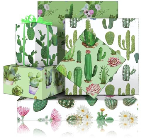 Cactus Wrapping Paper 6 Sheets with Ribbon Set, Green Cacti with Pink Flowers Tropical Potted Plant Succulent Print Folded Flat Gift Wrap Paper for Women Men Summer Theme Party Birthday DIY Craft