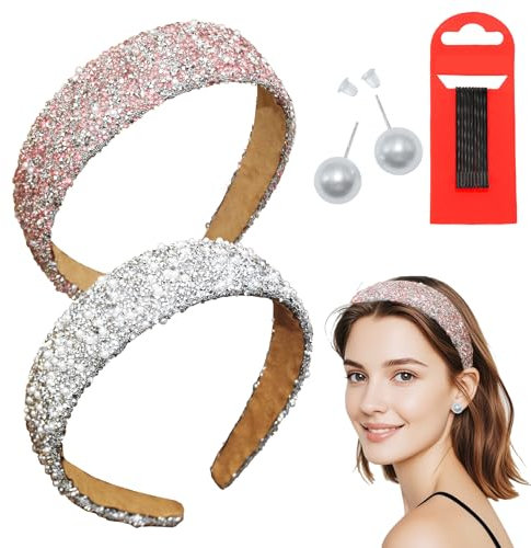 SHENSAIGO Lot de 2 bandeaux à cheveux à paillettes pour femme - Larges bandeaux rembourrés avec perles et boucles d'oreilles et épingles à cheveux - Serre-tête à paillettes pour femme - Pour fille