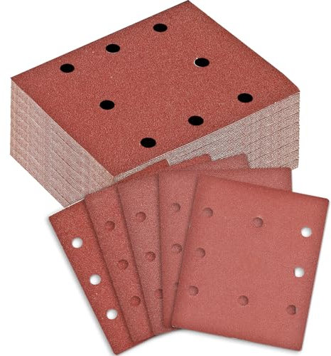 BIGP 100 Stück Schleifblatt Set, 115x145mm Rechteckiges Schleifpapier Klett Körnung 40/60/80/120/240, 8 Löcher, Zubehör für Multischleifer, Schwingschleifer, für Holz Metall und Farbe