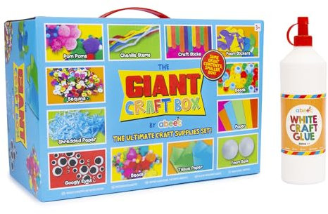 abeec Craft Supplies Bundle for Kids | Giant Art & Craft Box with 1000+ Pieces and 500ml White Craft Glue Creative Set with Beads, Foam, Glitter, Stickers & More | Ages 3+