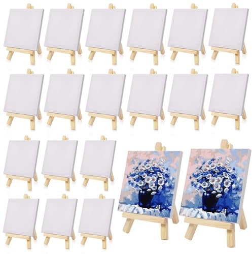 Loppdece 20 Stück Mini Leinwand Mit Staffelei, Mini Leinwände, 10 x 10 cm | Staffelei Holz, Kleine Leinwände Tischstaffelei Ständer, for Malerei, Zeichnen, Tisch Deko Und Basteln