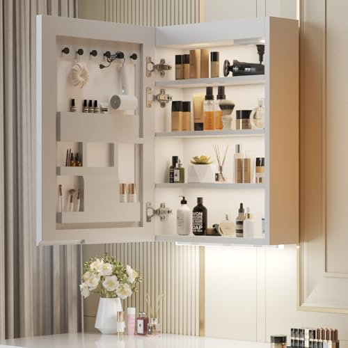 LEADZM LED Beleuchtetes Badezimmer Medizin Spiegel Kabinett Stufenloses Dimmen, Speicher 3-Farben Modus, Stromausfallspeicher, Steckdosen & 2 USBs (50x70cm)