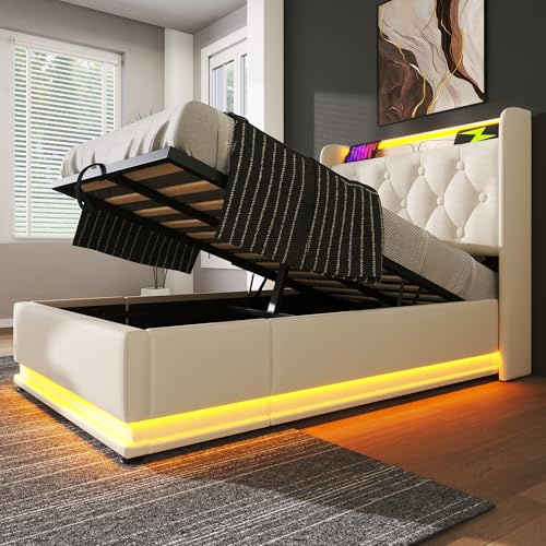 Oxtao Polsterbett Einzelbett 90x200CM, LED Hydraulisch Stauraumbett Funktionsbett mit Stauraum und Lattenrost, Kopfteil mit USB Typ-C Ladefunktion, PU, Ohne Matratze (Weiß, Ohne Matratze, 90x200CM)