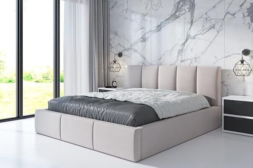 A&J MöbelLand Polsterbett 180x200 mit Bettkasten und Lattenrost – KENET, Bett mit Matratze und Stauraum in Beige