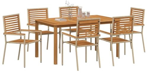 vidaXL Garten Essgruppe 7 pcs Beige Poly Rattan, Garten und Terrasse, modernes Outdoor-Set, leichtes Essensemble, stapelbare Möbel, wetterfester Tisch