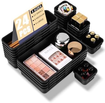 24 Pcs Organisateur Tiroir Feutre, Organiseur de Rangement Bureau Tiroir Plastique Salle, 3 Tailles Boîte Rangement pour Maquillage, Papeterie, Cuisine