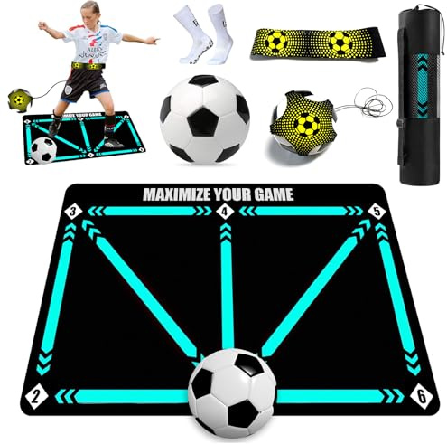 YUJUVI Fußballmatte Trainingsmatte Fußball 60x90 cm Schritt Trainingsmattem mit Fussball und Socken Set Rutschfeste Schritt Trainingsmatte