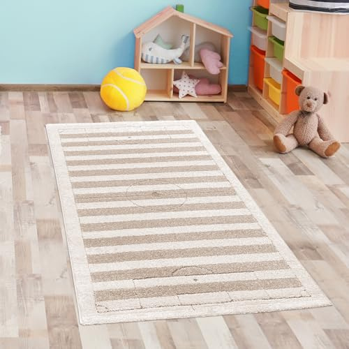 CARPETIA Teppich Kinderzimmer Babyzimmer Spielzimmer Fußballfeld-Optik pflegeleicht weich schadstofffrei langlebig modern Hoch-Tief-Struktur Krabbelteppich Creme Beige 80 x 150 cm