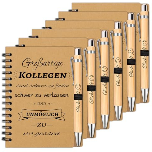 DIKARYA Kleine Geschenke für Kollegen, 6er Spirale Notizblock mit Spruch Großartige Kollegen Holz Kugelschreiber, Dankeschön Geschenke Teamgeschenke Abschiedsgeschenk für Kollegin Mitarbeiter Schüler