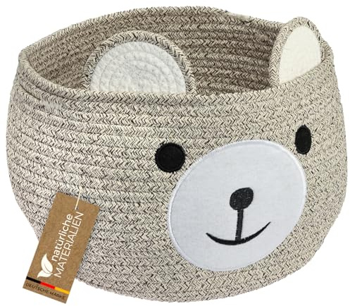 HMF Aufbewahrungskorb mit versteckten Griffen, Korb für Kinderzimmer aus Baumwolle | Bär | 30 x 24 cm | Hellbraun