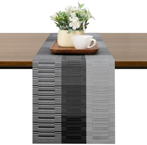 Chitomars Tischläufer Modern abwaschbar Outdoor hitzebeständig Tischläufer | PVC Gewebte Tischläufer rutschfest Vinyl für Häuser Restaurants Hotels Tischdekos (Grau Schwarz, 30x180cm)