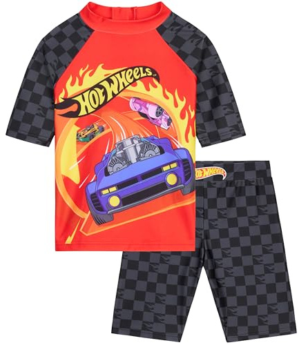 Hot Wheels Bañador Niño 3-8 Años, Conjunto 2 Piezas Bañador Boxer y Camiseta Rashguard, Traje de Baño Niño Piscina Vacaciones (3-4 Años, Rojo/Negro Hot Wheels)