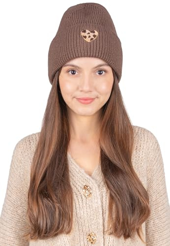 Seasons of April Damen Mütze Zoe, Espresso/Creme/Bordeaux/Khaki/Schwarz, 100% Viskose, Strick mit Herz-Detail, Herbst/Winter