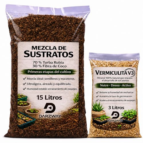 DARZWAY Sustrato Profesional 15L + 3L Vermiculita – Turba Rubia y Fibra de Coco – Ideal para Semilleros, Germinación y Esquejes – Tierra para Macetas y Huerto Urbano – Drenaje y Aireación Óptimos.