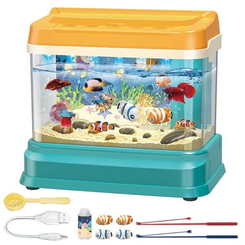 DAGLLGEW Juguete de Acuario para bebé, Juguete Educativo, pecera con luz y música, Tanque de Agua Artificial con 4 Peces magnéticos, 2 cañas de Pescar, Red y biberón, para Cuenco para niños