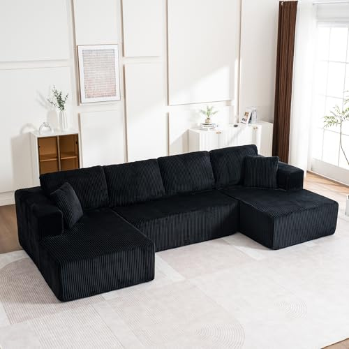 HMHKHN Wohnlandschaft U Form, Boneless Couch, Modulares Sofa, Sofa mit Schlaffunktion, Schlafsofa mit Liegestühlen, Lampenstoff, 4 Kissen, 2 Kopfkissen, Ohne Montage, 332×156×88cm (Schwarz)