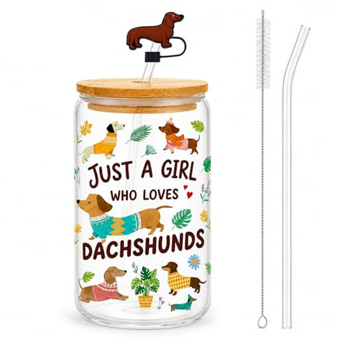 Buyzzus Sausage Dog Drinking Glasses 16oz Sausage Dog Glass Cup with Lid and Straw, Cute Dachshund Glass Cup for Iced Coffee Drinks, Dog Lovers Gifts for Women
