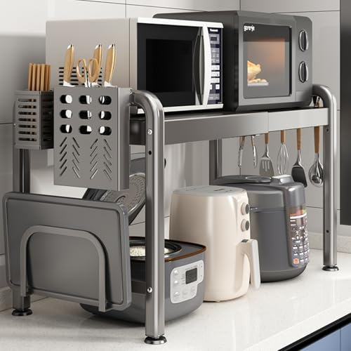 Expandable Microwave Oven Rack - Kitchen Worktop Organiser for Air Fryer | Kitchen Countertop Over Microwave Stand Shelf Unit Space Saving Standing Baker's Racks with Cutting Board Holder and 6 Hooks