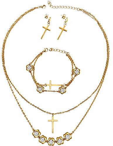 JewelryWe Schmuck Damen Schmuckset Edelstahl Zirkonia Hexagon Blumen Kreuz Halskette mit Anhänger Ohrringe Armband Gold Geschenk für Frau Mädchen