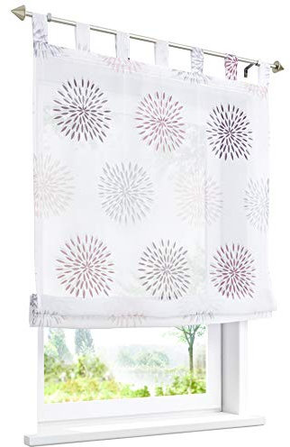 1 Stück Raffrollo mit Kreis-Motiven Floral Design Raffgardine Voile Transparent Vorhang (BxH 140x140cm, Violett)