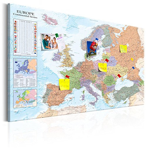 murando - Mapamundi con tablero para clavar chinchetas 90x60 cm - Cuadro en Lienzo estructurado - 1 parte - Panel de Fibra - Mapa del Mundo Continente - Europa k-A-0136-v-a