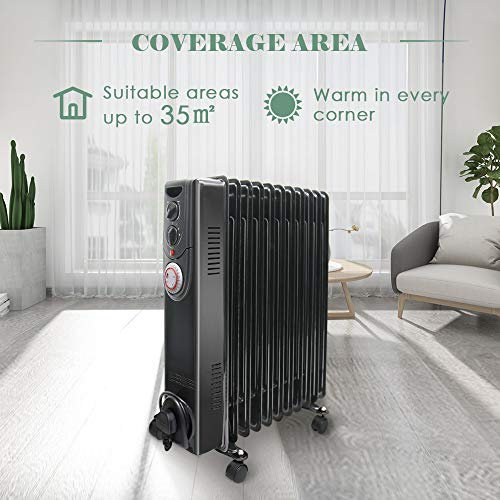 NRG Oil Filled Radiator Portable 11 Fin Electric Heater with Timer & Safety Tip Over Switch & Adjustable Thermostat (Black 2.5KW)