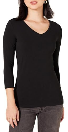 Amazon Essentials Women's Regular-Fit 3/4 Sleeve V-Neck T-Shirt (Available in Plus Size), Black, L
