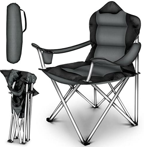 TRESKO® Chaise de Camping Pliante et transportable | jusqu'à 150 kg | Chaise de pêche Portable avec accoudoirs et Porte-gobelets (Gris)