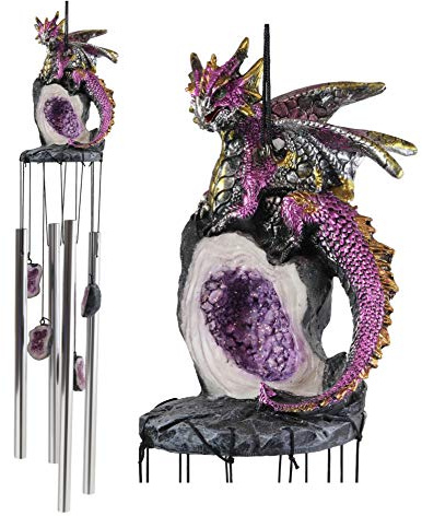 Ebros Gift Mittelalterlicher violetter Drache, der Topas bewacht, Kristallgeode, Rock-Figur, Krone, Resonanz-Windspiel mit Miniatur-Geode, Felsen, Ornamente für Garten, Fantasie, Dungeons und Drachen