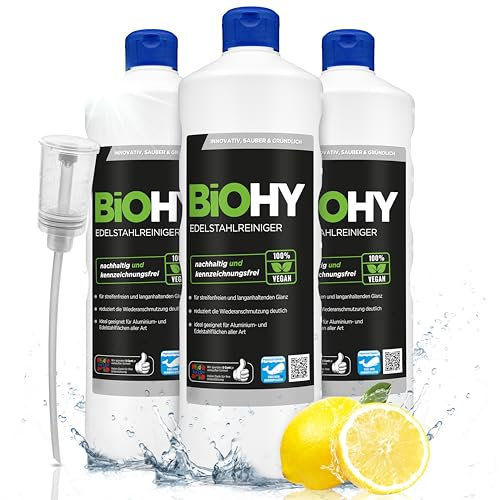 BiOHY Detergente per acciaio inossidabile (3 bottiglie da 1l) + Distributore | Cura dell’acciaio inossidabile per una nuova lucentezza senza striature (Edelstahlreiniger)