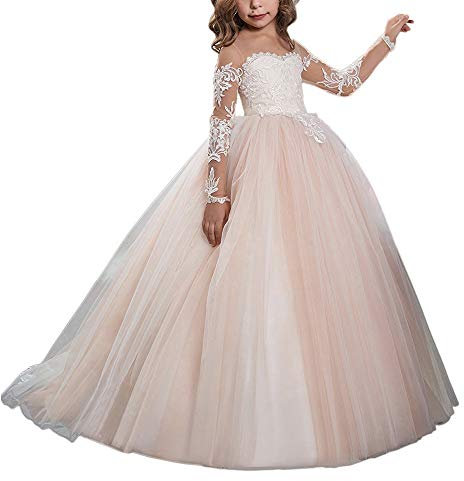 Aibaowedding Robe de demoiselle d'honneur en dentelle brodée à manches longues pour enfant, Rose, 10-11 ans