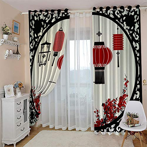 CLZLH Rideau Occultant Isolant Thermique Salon 100X214cm(L X H )Rideaux À Oeillets Chambre 3D Style Chinois, Rouge, Lanterne Motif Anti Froid Et Acoustiques Draperies Intérieurs Décoration De Fenêtre
