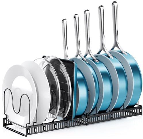ORDORA Organizador de ollas y sartenes para gabinete, soporte organizador de tapa de olla expandible con 11 separadores ajustables para armario de cocina, utensilios de cocina, estante para freír