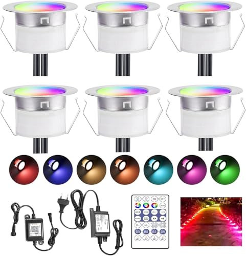 6er WiFi Bluetooth Dynamische Farben LED Bodeneinbauleuchten Multicolor Chasing Effekt 0.5W Terrassenbeleuchtung Arbeitet mit Alexa, Google Home,DC12V Ø45mm IP67 Wasserdicht