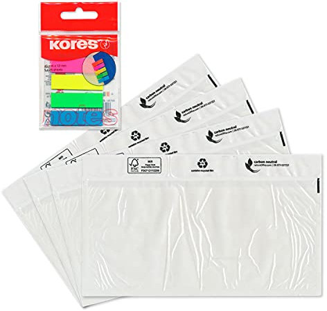 WPTrading - 5.000 x Lieferscheintaschen 230 x 110 mm in DIN-LANG Transparent inkl. 125 Page-Marker in 5 Farben - Dokumenten-Taschen selbstklebend, blanko - Begleitpapiertaschen für Versand