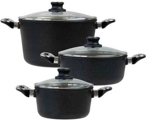 BAF Kochtopf Set 6-tlg. Bratentopf 20 cm + 24 cm & Gemüsetopf 28 cm - Topfset Aluguss beschichtet - inkl. Deckel - ohne Induktion - Made in Germany