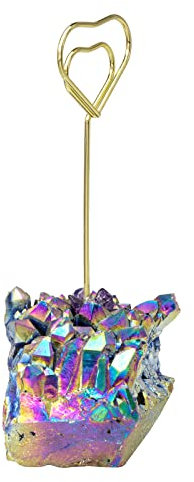 KYEYGWO Kristall Fotohalter Stein Tischkartenhalter, Hochzeit Kartenhalter Edelstein Platzkartenhalter Deko Tischnummernhalter Titanbeschichteter Bergkristall Memohalter für Büro Haus, Herzform