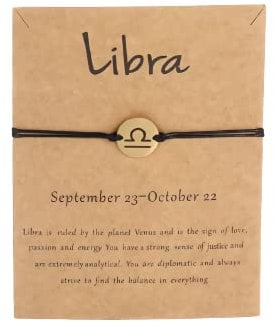 Gold Star Sign Black Rope Disc Bracelet - Libra (23rd September - 23rd October) - Zodiac Constellation Horoscope Celestial Astrology Jewellery - Women Men Gift