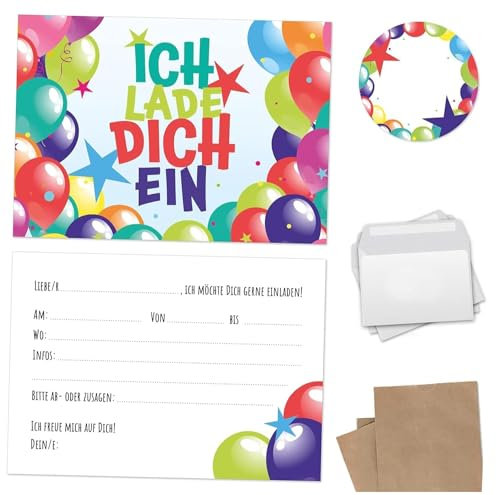 Kindergeburtstag Einladung Set mit je 8 Einladungskarten, Umschlägen, Tüten und Aufkleber - Coole Ballon Party Mitbringsel Set