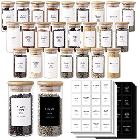 CZZGSM Lot de 24 bocaux en verre avec 296 étiquettes à épices pré-imprimées de couleur blanche et noire - 113,4 g d'épaisseur (2,4 mm) - Petits récipients vides pour assaisonnement aux herbes avec