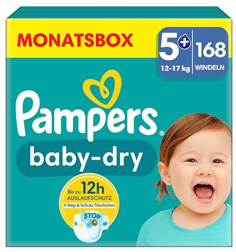 Pampers Baby-Dry Größe 5+, 168 Windeln, 12kg-17kg, Bis zu 100% Auslaufschutz & Komfort die ganze Nacht