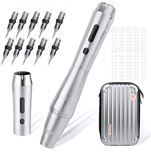 Wireless Tattoo Maschine set, Blackbudda Permanent Make up Maschine mit Power Supply 10pcs Cartridge Nadeln für Anfänger, 40pcs Pigment Cups
