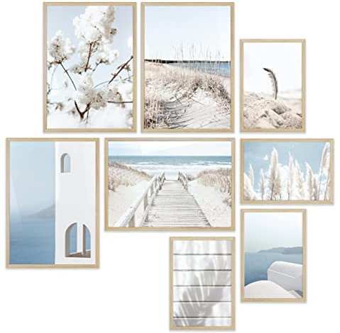 Heimlich® Premium Poster Set mit Bilderrahmen edle Forever Holz Eiche | 4 x DIN A3 & 4 x DIN A4 - ca. 30x42 & 21x30 | Stilvolle Poster Collagen mit modernen Bilder als Wanddeko |» Beige Pampasgras «
