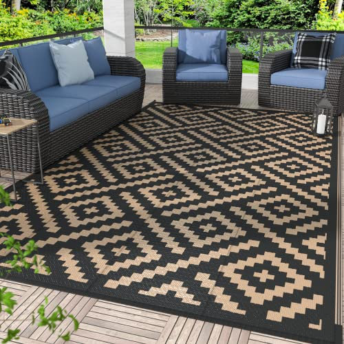 GENIMO Outdoor-Teppich für Terrassenabstand, 1,8 x 2,9 m, wasserdichte Matte, wendbare Kunststoff-Campingteppiche, Wohnmobil, Balkon, Hinterhof (schwarz und braun)